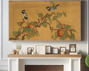 Samsung Frame TV Art - 4K Japanese Bird and Peach Tree - Vintage Art for Samsung Frame TV - Smart TV Art - Japandi Art - Samsung Tv Art