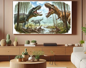 Samsung Frame TV Art - Animal Fantasy Scene - Fearsome Dinosaurs Artwork - Watercolour Style - Digital Download Art