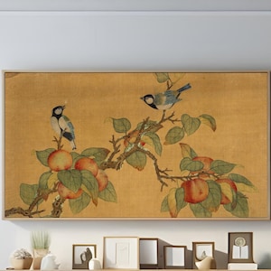 Samsung Frame TV Art - Vintage - 4K Japanese Bird and Peach Tree - Japandi Art - Samsung Tv Art
