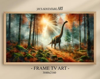 Samsung Frame TV Art - Animal Fantasy Scene - Jurassic Dinosaur in Autumn Forest - Orange Tones - Digital Download