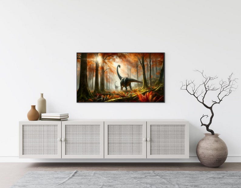 May include: A framed print of a dinosaur walking through a misty forest with a warm, orange glow. The dinosaur is black and the forest is a mix of brown, orange, and green.