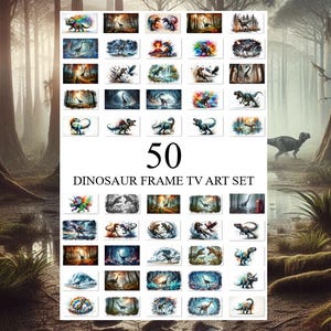 Pode incluir: Um conjunto de 50 impressões de arte com tema de dinossauros para telas de TV. Cada impressão apresenta uma ilustração única em aquarela de vários dinossauros em um cenário de floresta. O texto "50 DINOSAUR FRAME TV ART SET" é exibido.