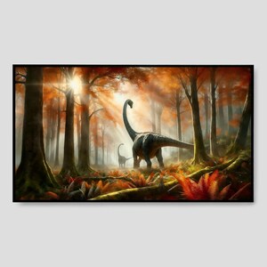 May include: A digital painting of a long-necked dinosaur walking through a forest. The dinosaur is brown and gray, and the forest is filled with tall trees and lush foliage. The sun is shining through the trees, creating a warm and inviting atmosphere.