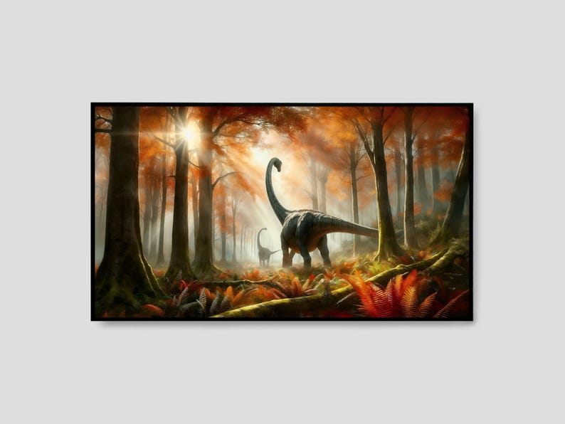 May include: A digital painting of a long-necked dinosaur walking through a forest. The dinosaur is brown and gray, and the forest is filled with tall trees and lush foliage. The sun is shining through the trees, creating a warm and inviting atmosphere.
