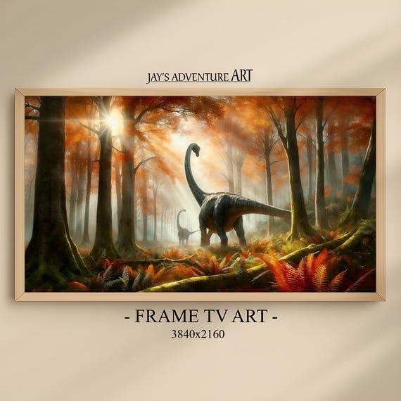 Samsung Frame TV Art - Animal Fantasy Scene - Dinosaur in Jurassic Autumnal Forest - Darker Tones - Digital Download Art