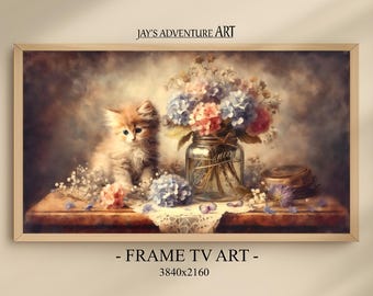 Arte para TV con marco Samsung - Arte floral con gatitos - Arte floral para Smart TV - Arte floral para TV con marco - Arte para TV Samsung - Fondo de pantalla para TV con marco LG