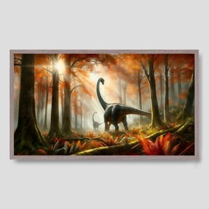 May include: A painting of two dinosaurs walking through a forest with orange and yellow leaves. The sun is shining through the trees, creating a warm glow.