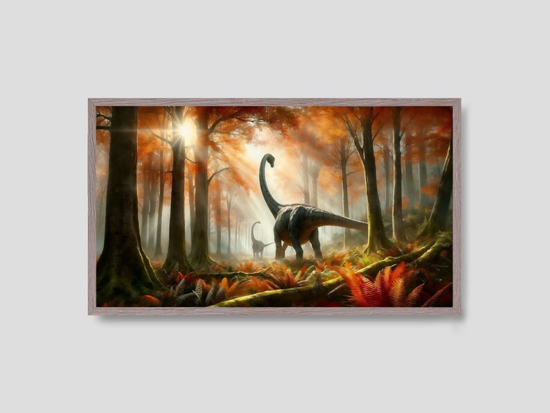 May include: A painting of two dinosaurs walking through a forest with orange and yellow leaves. The sun is shining through the trees, creating a warm glow.