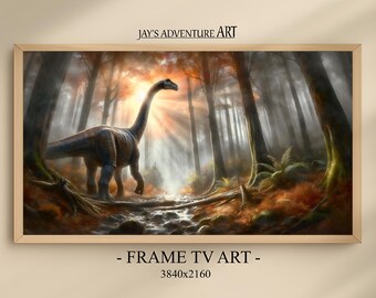Samsung Frame TV Art - Animal Fantasy Scene - Autumn Forest Dinosaur - Moody Palette - Digital Download Art