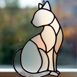 Puede incluir: Un atrapasoles de gato de vidriera en posición sentada. El gato está compuesto por piezas de vidrio en tonos blanco, gris y melocotón, delineadas con soldadura negra. El vidrio texturizado captura la luz, creando una decoración de ventana.