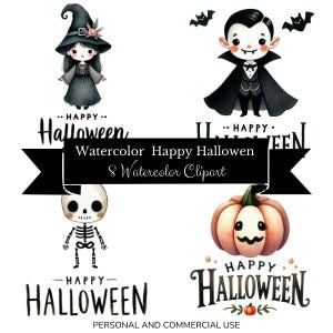 Peut inclure: Huit illustrations à l'aquarelle de personnages et de symboles d'Halloween. Une sorcière, un vampire, un squelette et une citrouille sont représentés. Chaque illustration comprend le texte "Happy Halloween".