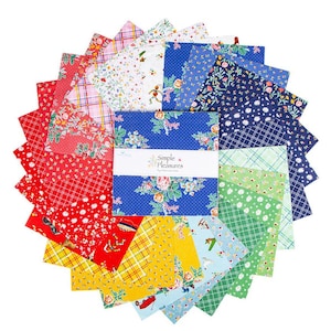 May include: A collection of fabric squares in various patterns and colors, including floral, plaid, and polka dots. The fabric squares are arranged in a circular pattern, with a central stack of blue floral fabric. The text "Simple Pleasures" is visible.