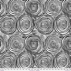 May include: Black and white fabric with a repeating pattern of concentric circles. The design features large, irregular circles with thick black lines, set against a white background filled with smaller, swirling lines.