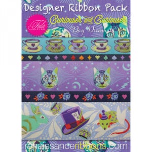 May include: Designer ribbon pack featuring various whimsical designs. The ribbons showcase teacups, cat faces, hearts, and illustrations of a rabbit, a mouse, and a hat. The color palette includes purple, teal, and white. The text on the ribbon reads "Curiouser and Curiouser Day Dream".