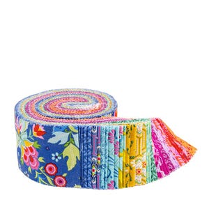 May include: A rolled bundle of fabric strips featuring a variety of colorful patterns including floral, geometric, and abstract designs in shades of blue, yellow, pink, orange, and green. The fabric strips are tightly coiled and fanned out at one end.
