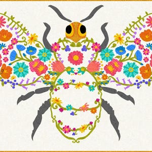 May include: A colorful illustration of a bee with floral wings and body. The wings are filled with various flowers in shades of pink, blue, orange, and yellow. The bee's body is gray, and the background is white with a gold border.
