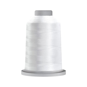 May include: A white spool of thread, ideal for sewing and embroidery projects. The thread is tightly wound around a gray plastic base and top. The thread has a smooth, shiny appearance, perfect for various fabric types.