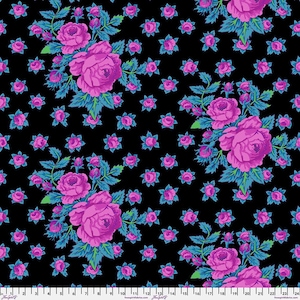 May include: Black fabric with a repeating floral pattern. Large, vibrant pink roses with blue-green leaves are clustered together. Smaller pink rose buds are scattered across the black background. The fabric has a vintage, romantic aesthetic.