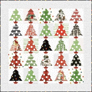 May include: A patchwork quilt featuring a repeating pattern of Christmas trees in various designs and colors. The trees are set in brown pots and have different patterns, including stripes, polka dots, and plaid. The background is white with printed text.