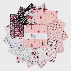 Barbie Vintage Layer Cake - Riley Blake Designs, 10 inch squares, 42 pcs Quilt Fabric # 10-16890-42 Pink Silhouettes, Bows, Dots, Girls