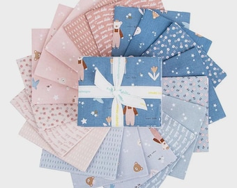 Cozy Bebe Fat Quarter Bundle, 18pcs for Riley Blake Designs, By Simple Simon - Soft Florals, Teddy Bears Baby Quilt Fabric Pink Blue
