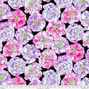 May include: A fabric with a repeating floral pattern. The flowers are in shades of pink, purple, and white, with yellow centers, set against a black background. The design is detailed and vibrant, suitable for various craft projects.