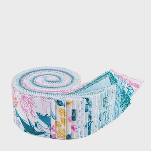 May include: Rolled fabric strips in a variety of aquatic-themed patterns. The roll features a spiral design with pink, blue, and white hues. The fabric strips display images of coral, fish, and other sea life.
