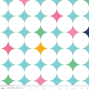 May include: A fabric pattern featuring a repeating design of large white circles on a light blue background. Colorful diamond shapes in pink, green, and yellow are interspersed between the circles. The pattern is measured in inches.