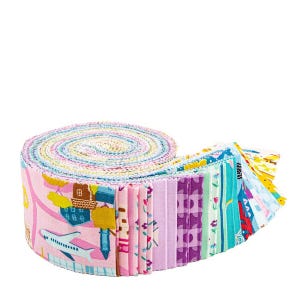 May include: A rolled bundle of colorful fabric strips, ideal for quilting or crafting. The fabric features a variety of patterns, including houses, airplanes, and floral designs. The color palette includes pink, purple, blue, yellow, and green.