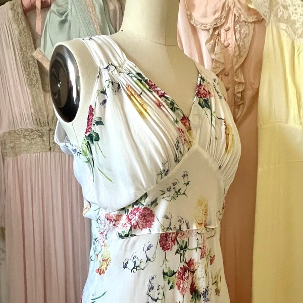 1930s Floral sheer silk rayon Bias Cut slip Dress negligee 1940s