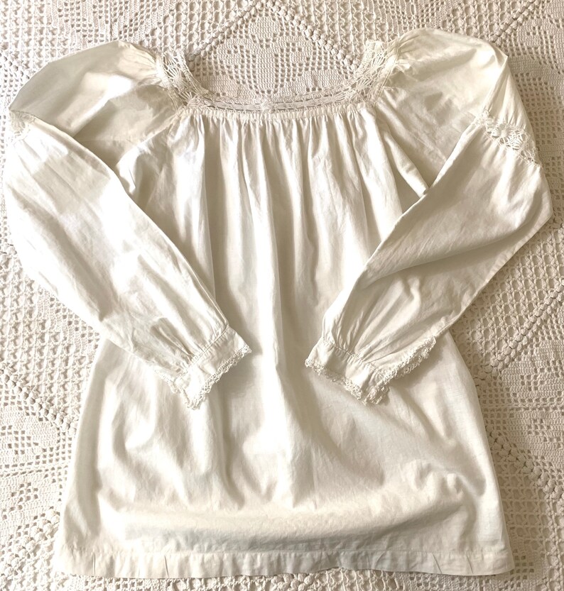 Antique Edwardian white cotton and crochet lace blouse Size SM long sleeve