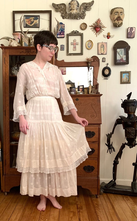 Darling Polka Dot Edwardian 1910s Cotton Lawn Dress XXS XS Darling Polka Dot Edwardian 1910s Cotton Lawn Dress XXS XS