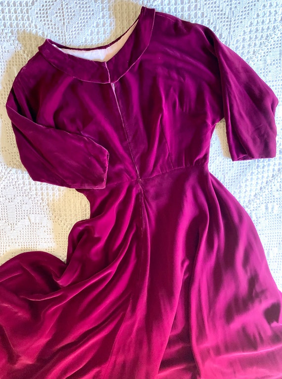 1940's magenta silk velvet zip front gown 40's dre