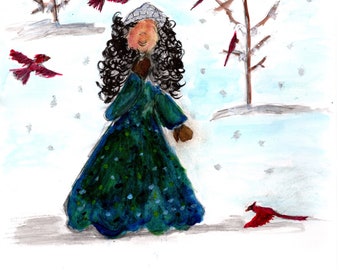 Hand Painted Original 'Girl with Cardinals' from Children's Book Stars with Dreams by Tabitha Orr