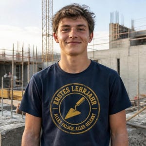 Könnte beinhalten: Ein dunkelblaues T-Shirt mit kurzen Ärmeln und einem kreisförmigen gelben Aufdruck, der in der Mitte eine Maurerkelle zeigt. Der Text "ERSTES LEHRJAHR" steht oben und "ALLES FALSCH, ALLES GELERNT" unten in einer abgenutzten Vintage-Schriftart.