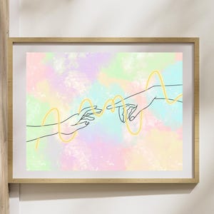 May include: A digital art print featuring two hands reaching towards each other, connected by a yellow line. The background is a colorful watercolor wash in shades of pink, blue, and green.