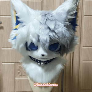 May include: A white and gray furry cat head with large blue eyes, a black collar with skull accents, and a small black nose. The ears have blue and yellow accents. The text "Fillndablanks" is at the bottom.
