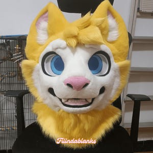 Cabeza de disfraz de león de sol dorado, cabeza de disfraz de furry personalizada, fiesta temática de Kenomo, máscara de disfraz de furry, criatura de fantasía, furry, fanáticos de los disfraces de furry, cosplay