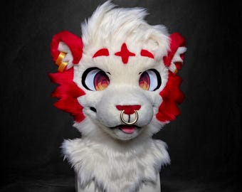 Red Flame Cross Lion Fursuit Head, Custom Fursuit Head, Kenomo Theme Party, Fursuit Mask, Fantasy Creature, Valentine's Day gift
