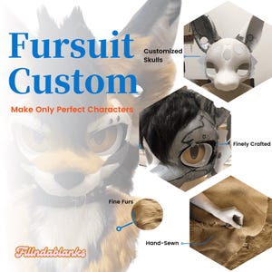 May include: A close-up of a custom fursuit head in progress. The head is made of a white material and has a detailed face with large eyes. The fursuit head is being worked on by a hand holding a needle and thread. The text "Finely Crafted" is visible in the image.