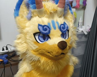 Yellow Flame Dog Fursuit Head, Custom Fursuit Head, Kenomo Theme Party, Fursuit Mask, Fantasy Creature, Furry, Fursuit Fans, Cosplay