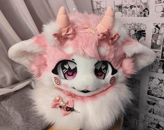 Pink Bell Lamb Fursuit Head, Custom Fursuit Head, Kenomo Theme Party, Fursuit Mask, Fantasy Creature, Furry, Fursuit Fans, Cosplay