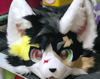 Playful Calico Puppy Fursuit Head, Custom Fursuit Head, Kenomo Theme Party, Fursuit Mask, Fantasy Creature, Valentine's Day gift