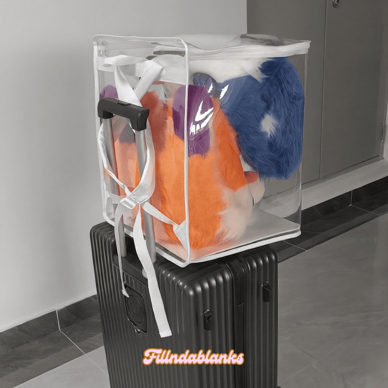 May include: A clear plastic storage bag with a white zipper and a white drawstring. The bag is filled with a blue and orange plush toy. The bag is sitting on top of a black suitcase with a handle.