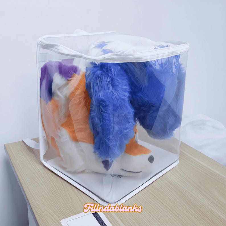 May include: A white storage bag with a zipper closure, containing a colorful plush toy with blue, orange, and purple fur. The toy is partially visible through the clear plastic bag.