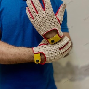 Men&#39;s Driving Gloves Red And Crochet Gloves Vintage Real Soft Leather, Mesh Net Car Racing, String back, Driving Gloves, gift for him