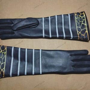 Ladies Long Leather Gloves Handmade Opera Gloves with digital printing Vintage Gloves Women Gloves Black Gloves Gift For Her Valentines Gift