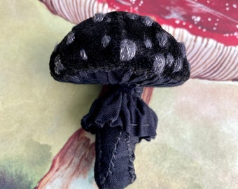 Amanita Muscaria Brooch - Embroidered Velvet Mushroom Brooch - Textile Jewelry - Black Mushroom Brooch