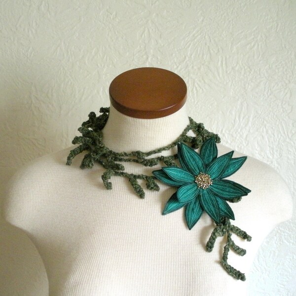 Teal Green Lotus Flower with Hunter Green Lariat Scarf- Fiber Art Scarf- Embroidered Silk Flower Lily Clip with Crochet Scarflette