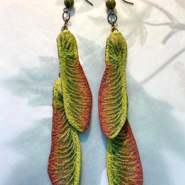 Embroidered Maple Seed Earrings, Maple Samara Earrings in Autumnal Red and Green, Embroidered Silk Textile Jewelry